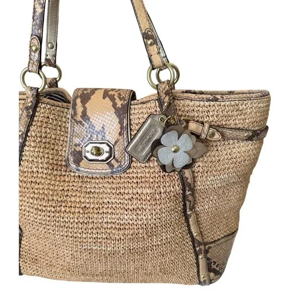 Coach Natalie Straw and Python Embossed Leather Trim Hangtags Natural Large Tote - Picture 3 of 15